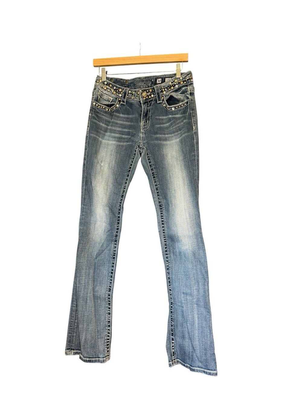 Miss Me Easy Bootcut Jeans Womens 30 Bling Flap Thick Stitch GUC JPW4288-7